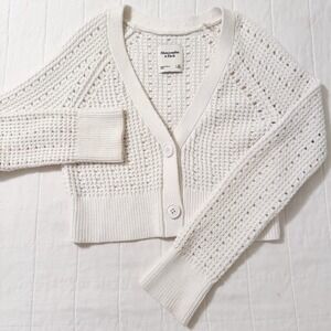 Abercrombie & Fitch Cardigan Sweater Womens XS Ivory Pointelle V Neck Casual Fun